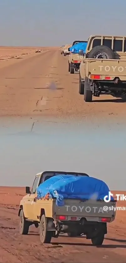 Convoy of Toyota trucks on desert road.