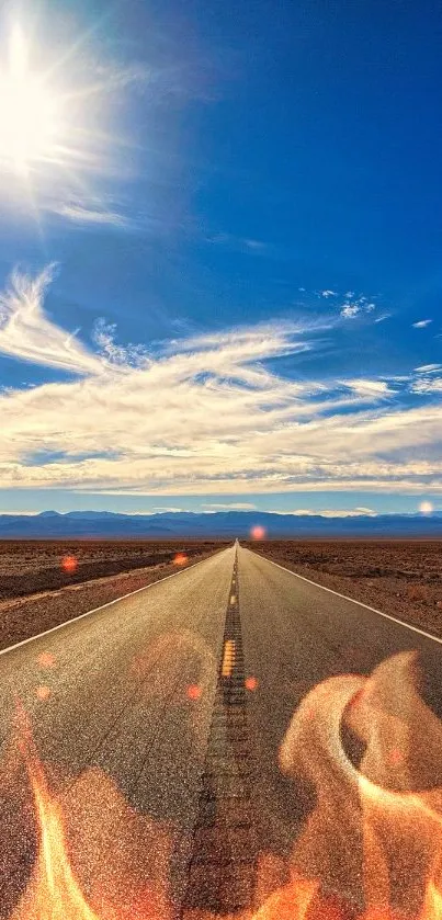 Sunlit desert road under a vibrant blue sky.