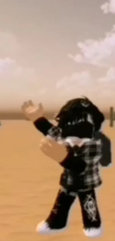 Roblox avatar in desert with sandy background and clear sky.