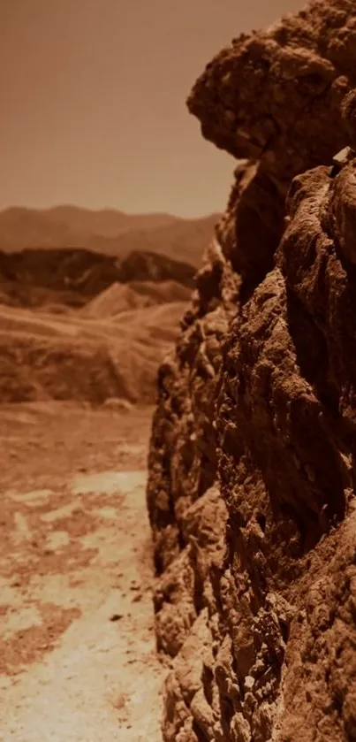 Sepia-toned desert landscape with prominent rock formations.