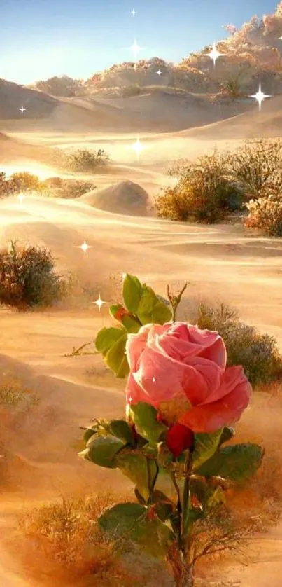 Serene desert rose with golden dunes in background.