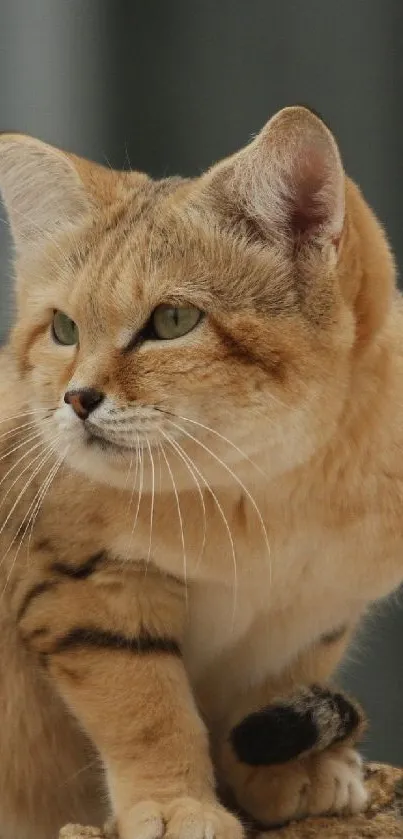 Sand cat perched on rock in desert setting.