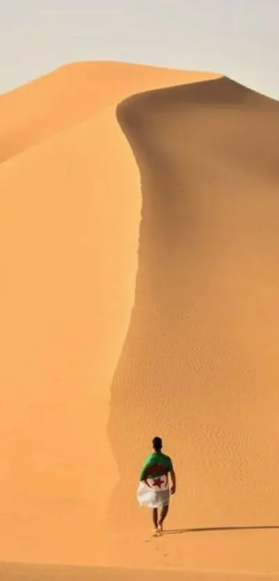 Desert landscape with sand dunes and a solitary traveler.