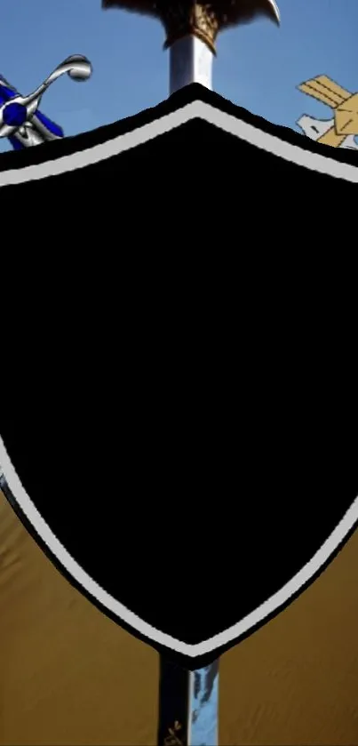 Black shield with sword in desert background on mobile wallpaper.