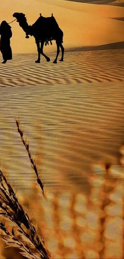 Silhouette of a person with a camel on a golden desert.