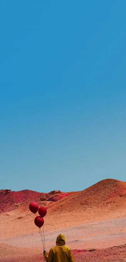 Minimalist desert wallpaper with blue sky and figure holding red balloons.