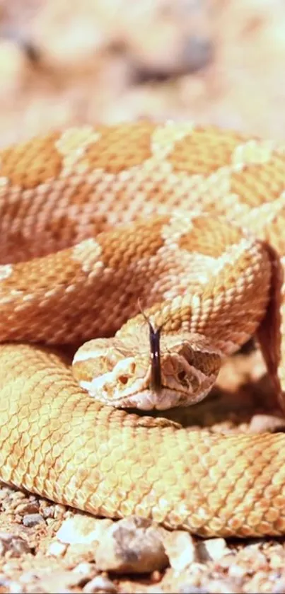 Coiled desert snake with textured scales on sandy ground.