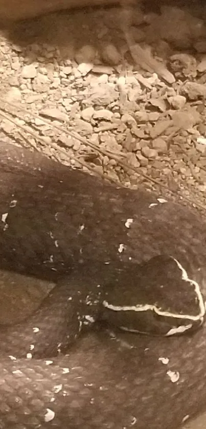 Desert brown snake resting on sand in a glass enclosure.