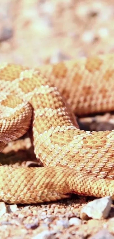 A close-up view of a tan snake on rocky desert terrain.