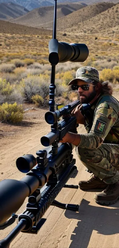 Sniper in camouflage gear aiming in desert landscape.