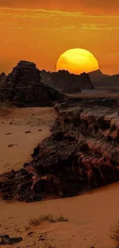 Majestic desert sunrise with glowing sun and rugged landscape.