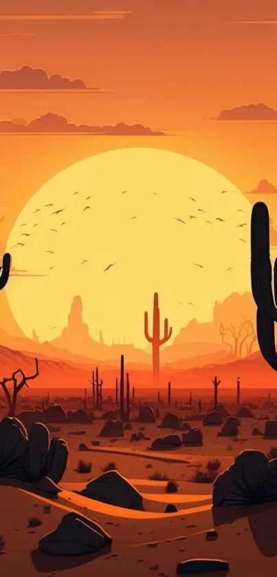 Vivid desert sunset with cacti silhouetted against an orange sky.