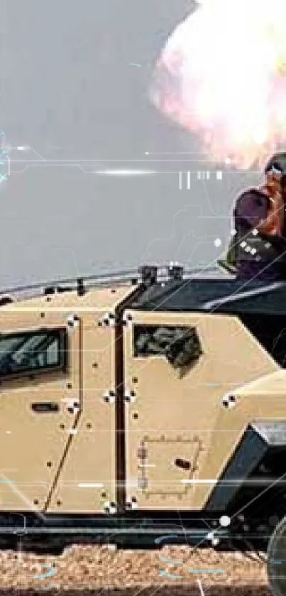 Tactical vehicle in desert terrain with military personnel on command.