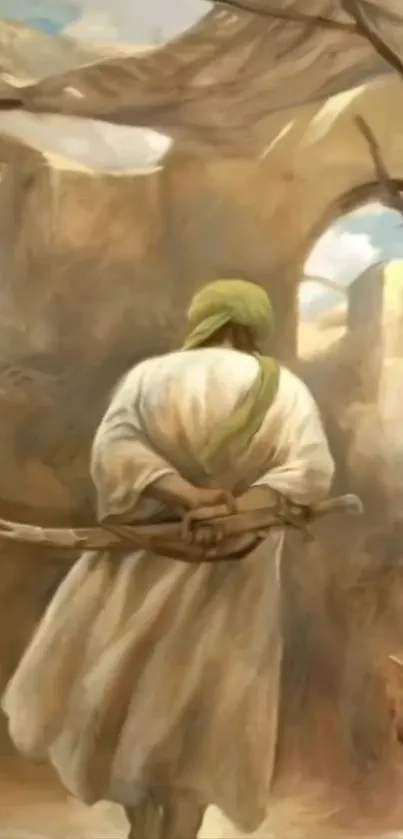 Artistic depiction of a desert wanderer with a mystical backdrop.