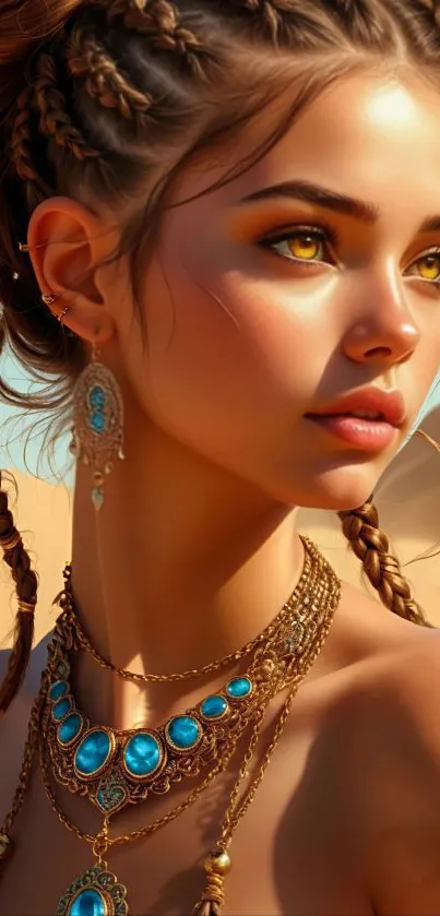 Desert warrior art with braided hair and jewelry in a sandy landscape.