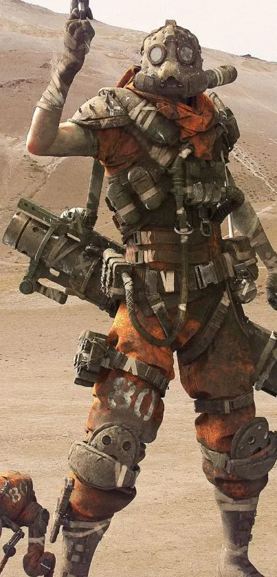 Futuristic warrior in desert with gun.