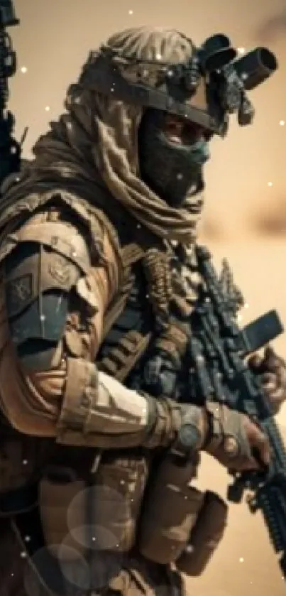 Tactical soldier in desert gear, holding rifle.