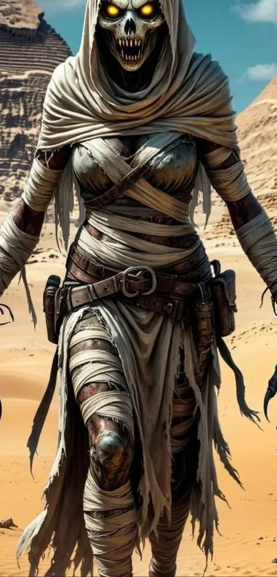 Skeleton warrior in desert with pyramids, wrapped in linen.