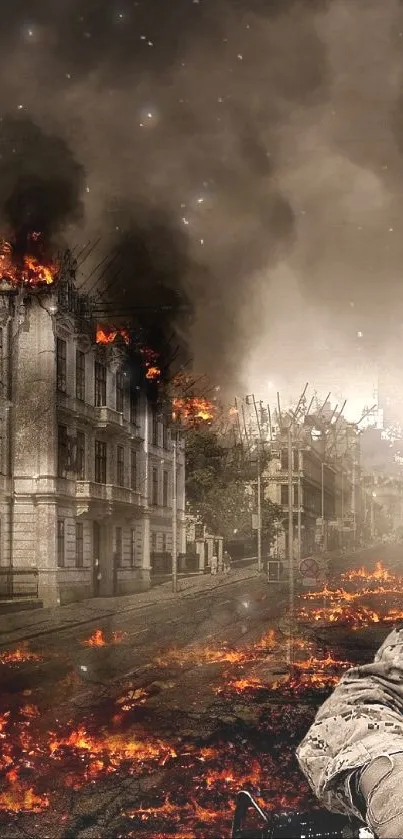 A soldier sits in a burning, war-torn city street.