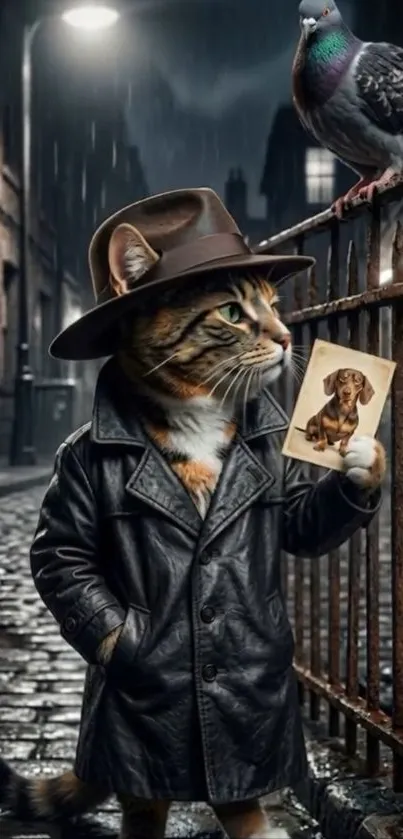 Cartoon detective cat in noir alley holding a photo.