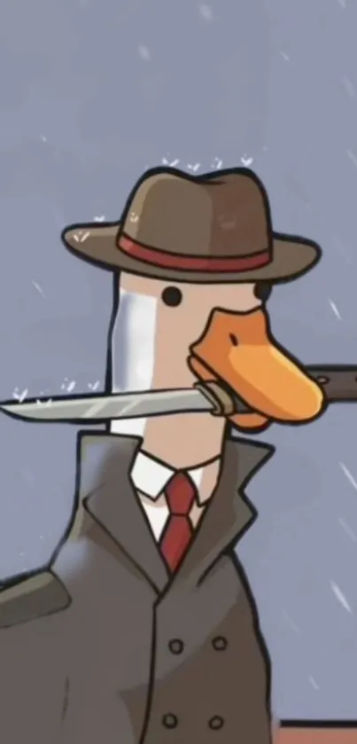 Cartoon duck detective with knife in rainy scene.