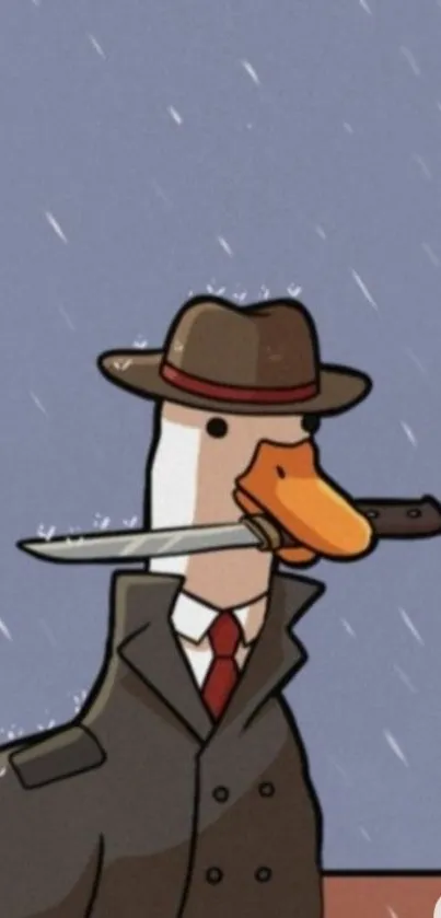 Cartoon duck detective in rain with knife and hat.