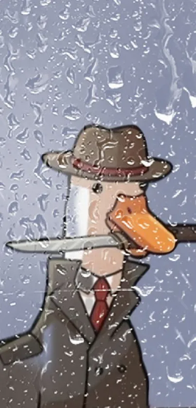 Cartoon duck detective in rain with knife.