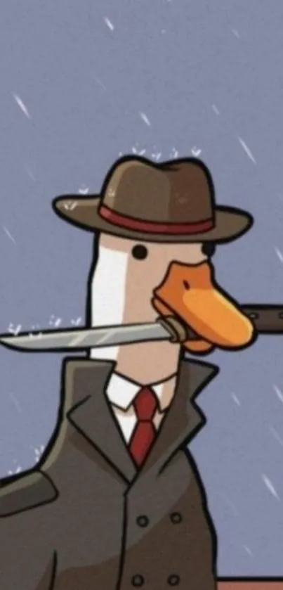 Cartoon detective duck holding knife with rainy backdrop.