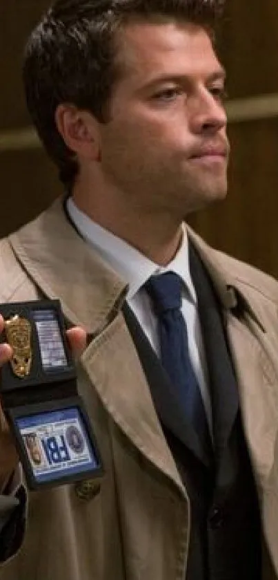 Detective holding a badge in a tan trench coat.