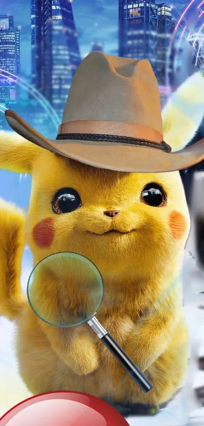 Detective Pikachu in city with a magnifying glass and hat.