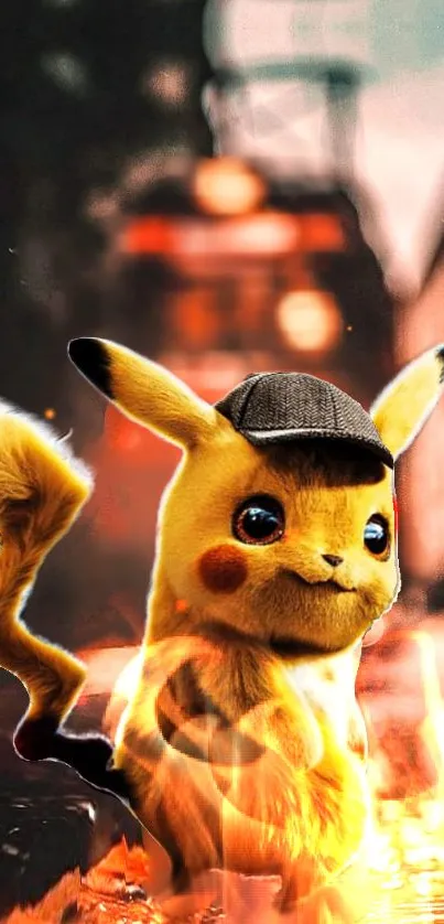 Detective Pikachu with fiery orange background.