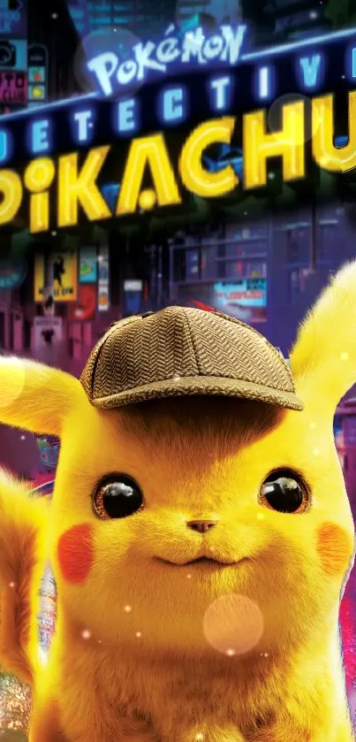 Detective Pikachu with hat, neon city backdrop wallpaper.