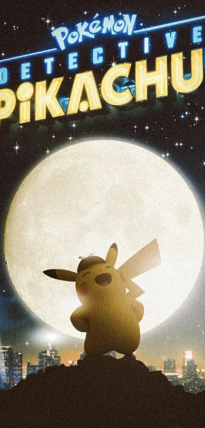 Detective Pikachu with city backdrop and full moon.