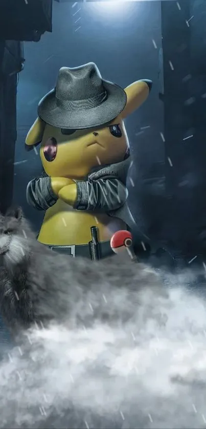 Detective Pikachu in noir theme with wolf.