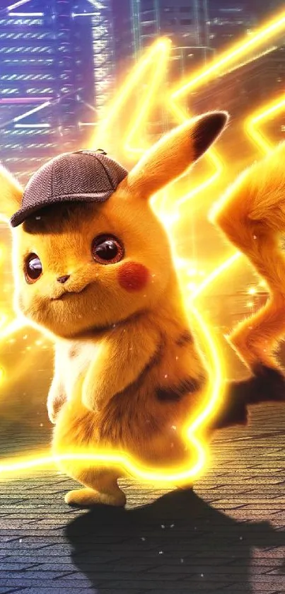 Detective Pikachu glowing in urban cityscape wallpaper.