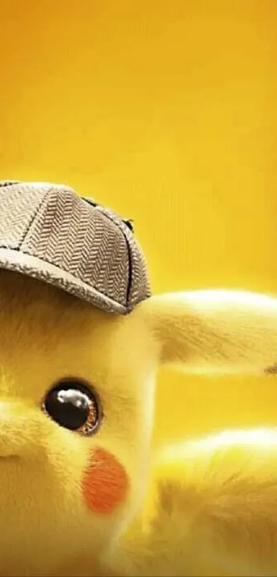 Detective Pikachu with hat on yellow background wallpaper.