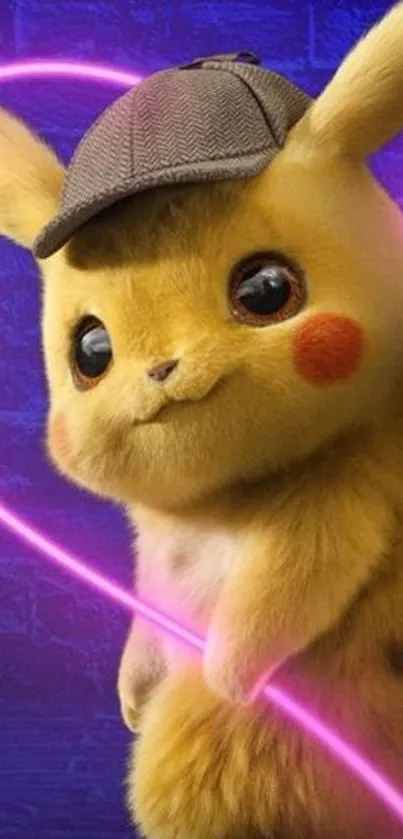 Adorable Detective Pikachu with neon heart and blue backdrop.