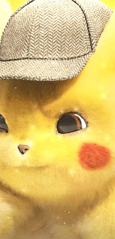 Cute Detective Pikachu with hat on yellow background.