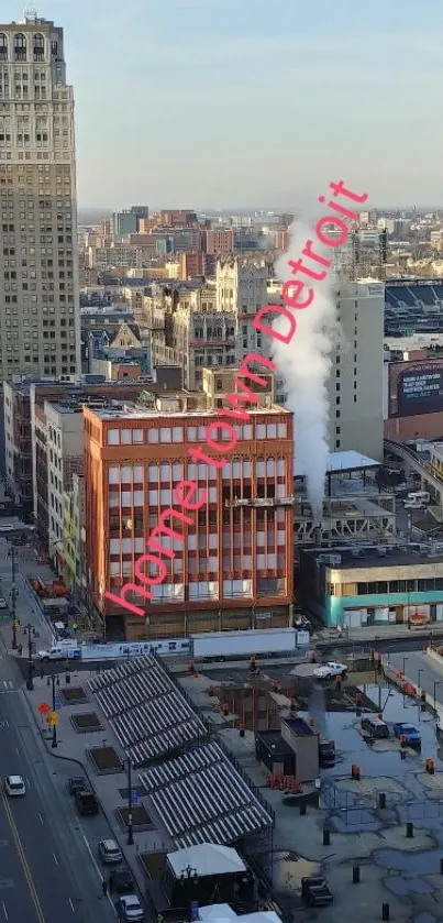 Aerial view of Detroit cityscape with high-rise buildings and busy streets.