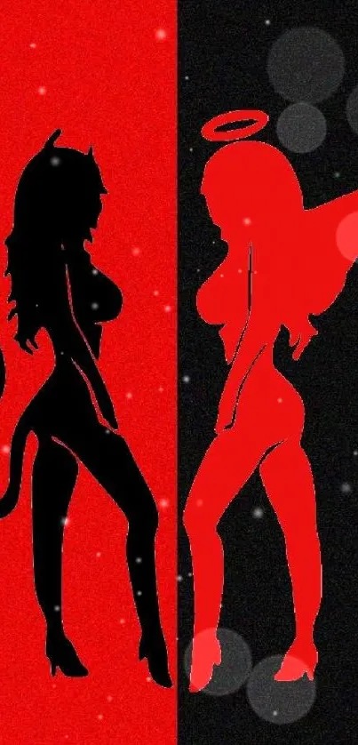Red and black mobile wallpaper with devil and angel silhouettes.