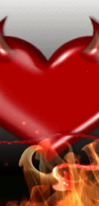 Glossy red heart with devil horns and tail on dark background.