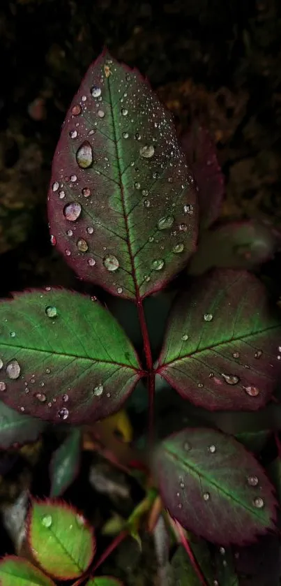 Close-up of dew-covered rose leaves with dark green and red hues.