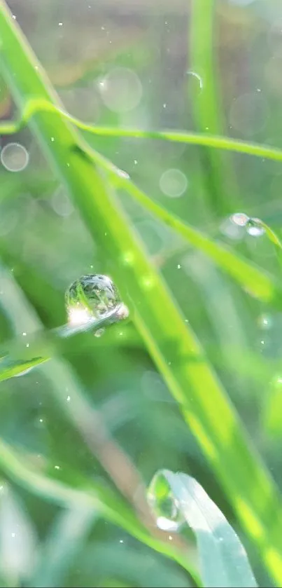 Close-up of dew drops on vibrant green grass.