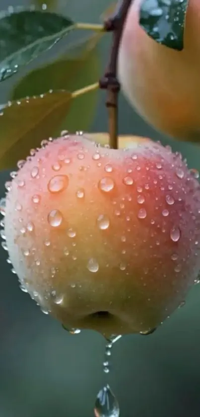 Close-up of a dew-kissed apple on a branch.