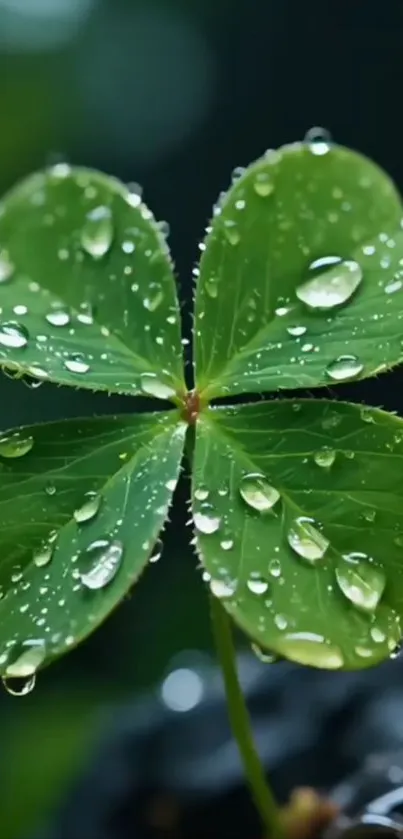 Close-up of a dew-kissed green clover leaf with water droplets.