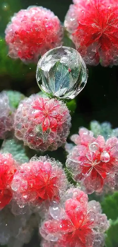 Dew-kissed red and green flowers smartphone wallpaper.