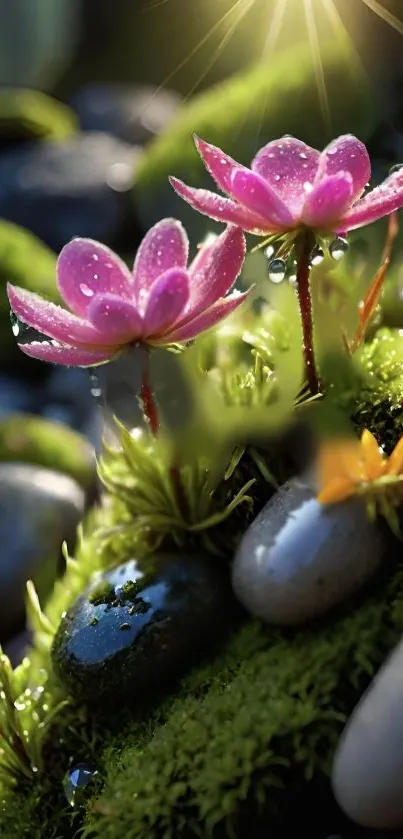 Pink flowers with dew on mossy stones in sunlight.