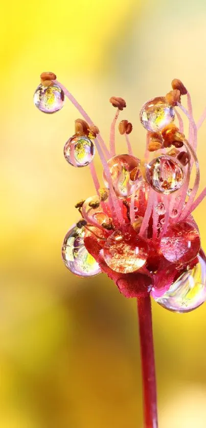 Close-up of a flower with dew drops on a vibrant yellow background.