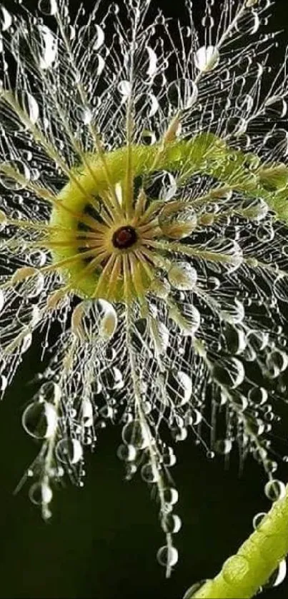 Vibrant dew-kissed flower on a dark green background.