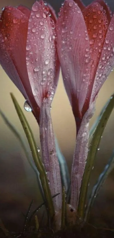 Close-up of dew-covered pink blossoms.